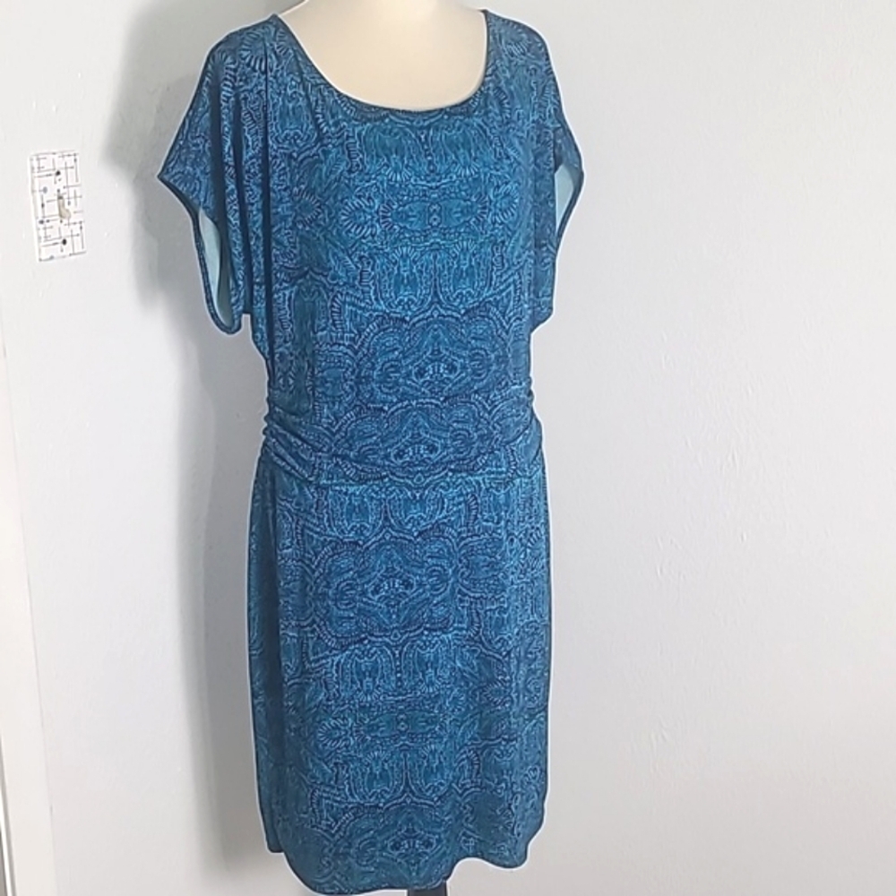 Ann Taylor Turquoise & Black Patterned Dress, Dolman Sleeves, Size Large